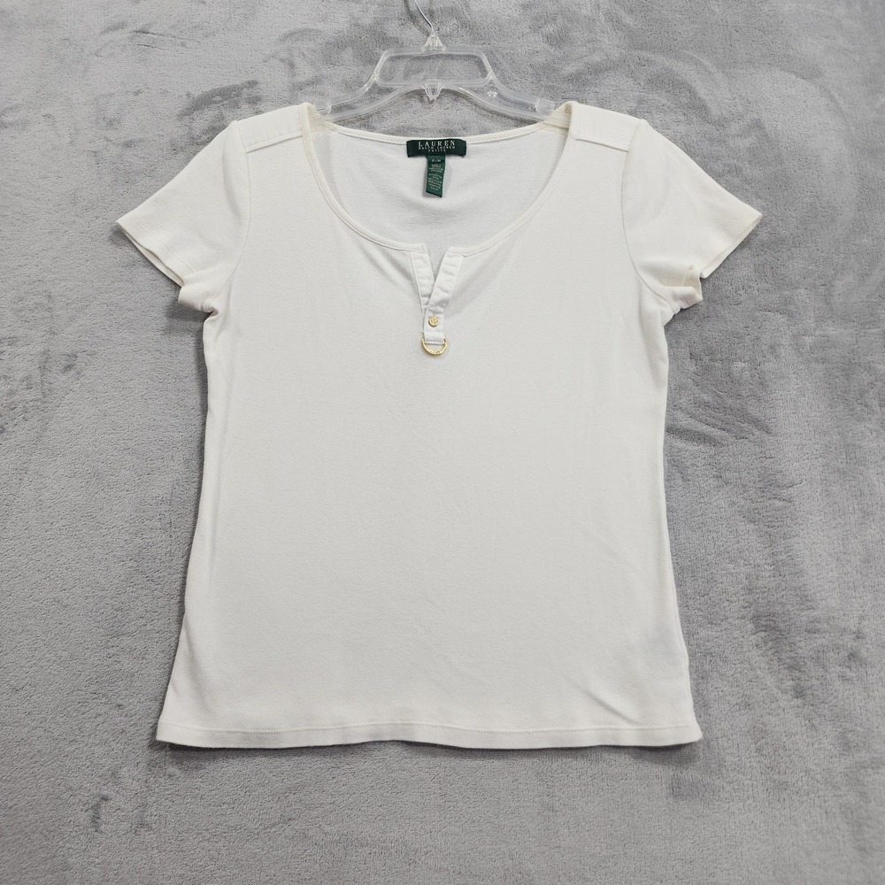 Vintageβ Lauren Ralph Lauren Top Womens P/M White Scoop Neck D-Ring Short Sleeve